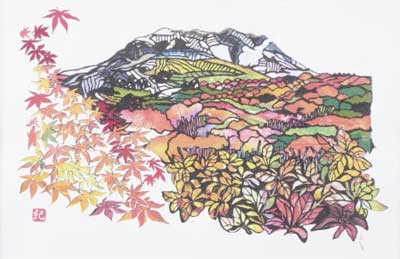 紅葉の那須岳の切り絵